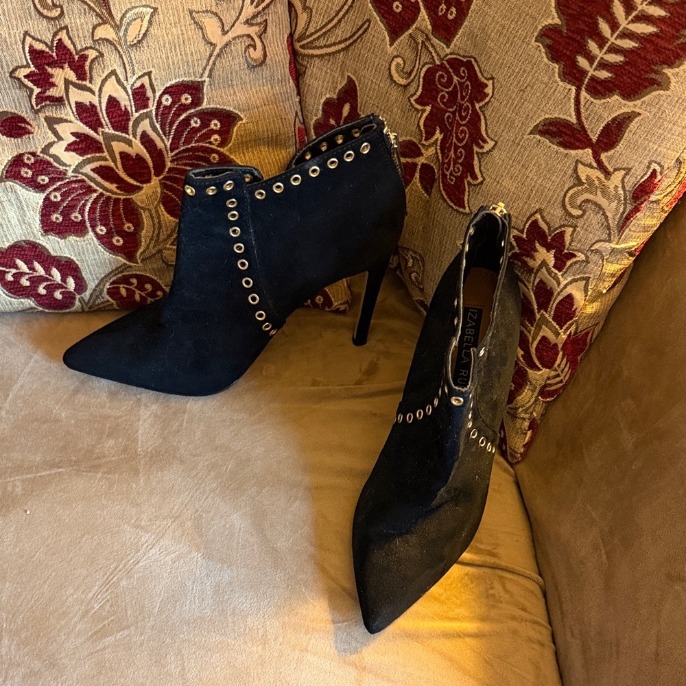 3/$15 Izabella Rue Suede Black Stiletto Heeled Ankle Boots with Gold Accents - Picture 1 of 6
